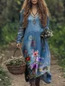 Women's Long Sleeve Spring/Fall Floral Jersey Dress V Neck Daily Going Out Casual Maxi A-Line T-Shirt Dress