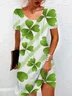 Women's St Patricks Day Four-leaf Clover Print Mini Short Sleeve Floral Dress