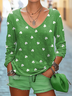 Women's Shamrock Long Sleeve Tee T-shirt V Neck Vintage Spring/Fall Top