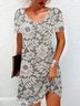 Women Floral Short Sleeve Summer Dress Crew Neck Daily Casual Mini Tunic H-Line Dress