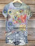 Women Floral Short Sleeve Tee T-shirt Crew Neck Casual Summer Top