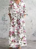 Women's Floral Long Sleeve Spring/Fall Printing Dress V Neck Daily Casual Maxi T-Shirt Dress A-Line Dress