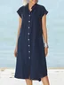 Women's Plain Short Sleeve All Season Dress Stand Collar Daily Casual Midi Shirt Dress H-Line Dress