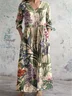 Women's Floral Long Sleeve Spring/Fall Printing Dress V Neck Daily Casual Maxi T-Shirt Dress A-Line Dress