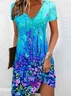 Women's Floral Short Sleeve Summer Printing Dress V Neck Daily Casual Knee Length T-Shirt Dress H-Line Dress