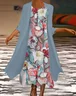 Women Floral Printing Two-Piece Set Daily Three Quarter Sleeve Casual Spring/Fall Dress With Coat Matching Set