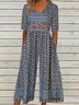 Women's 3D Printing V Neck Half Sleeve Vintage Summer Jumpsuit