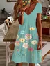 Women's Floral Short Sleeve Summer Printing Dress V Neck Daily Casual Knee Length T-Shirt Dress H-Line Dress