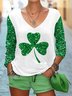 Women's Long Sleeve Tee T-shirt Spring/Fall Shamrock St Patrick's Day Floral V Neck Casual Graphic Tee Top