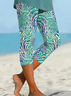 Women's Random Print Capris Elastic Waist Pant Casual Summer Trousers
