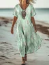 Women Floral Short Sleeve Summer Dress V Neck Daily Vintage Maxi A-Line Dress