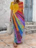 Women's Hippie Short Sleeve Summer Printing Dress V Neck Daily Vintage Maxi T-Shirt Dress H-Line Dress