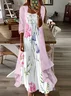 Women Floral Printing Two-Piece Set Daily Three Quarter Sleeve Casual Spring/Fall Dress With Coat Matching Set