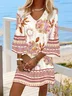 Women Floral Half Sleeve Summer Dress V Neck Daily Boho Midi Beach Dress H-Line Dress