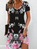 Women's Floral Short Sleeve Summer Printing Dress V Neck Daily Casual Knee Length T-Shirt Dress H-Line Dress