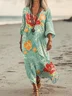 Women Floral Short Sleeve Summer Dress V Neck Daily Vintage Maxi T-Shirt Dress A-Line Dress