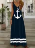 Women Anchor Sleeveless Summer Printing Dress V Neck Daily Casual Maxi Slip Dress X-Line Dress
