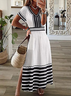 Women Striped Short Sleeve Summer Printing Dress V Neck Daily Casual Maxi X-Line Dress