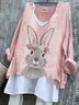 Women Easter (rabbit) Long Sleeve Tee T-shirt V Neck Vintage Spring/Fall Top