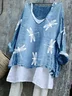 Women Animal Long Sleeve Tee T-shirt V Neck Vintage Spring/Fall Top