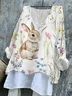 Women Easter (rabbit) Long Sleeve Tee T-shirt V Neck Vintage Spring/Fall Top