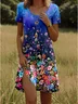 Women Floral Short Sleeve Summer Printing Dress Crew Neck Daily Casual Mini Tunic H-Line Dress