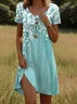 Women Floral Short Sleeve Summer Printing Dress Crew Neck Daily Casual Mini Tunic H-Line Dress