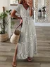 Women Floral Short Sleeve Summer Printing Dress V Neck Daily Casual Maxi X-Line Dress