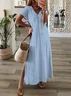 Women Plain Short Sleeve Summer Printing Dress V Neck Daily Casual Maxi X-Line Dress