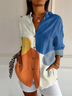 Women Multicolor Block Long Sleeve Shirt Spring/Fall Buckle Shirt Collar Daily Casual Top
