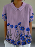 Women Floral Short Sleeve Shirt Summer Printing Shawl Collar Daily Casual Top