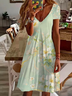 Women Floral Short Sleeve Summer Printing Dress V Neck Daily Casual Midi Fit & Flare Dress A-Line Dress