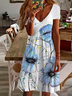 Women Floral Short Sleeve Summer Printing Dress V Neck Daily Casual Midi Fit & Flare Dress A-Line Dress