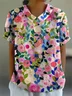 Women Floral Short Sleeve Shirt Summer Printing Shawl Collar Daily Casual Top