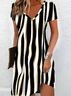Women Striped Short Sleeve Summer Printing Dress V Neck Daily Casual Midi Fit & Flare Dress A-Line Dress