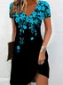 Women Floral Short Sleeve Summer Printing Dress V Neck Daily Casual Midi Fit & Flare Dress A-Line Dress
