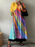 Women Hippie Half Sleeve Summer Printing Dress V Neck Daily Casual Maxi A-Line Dress