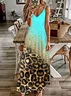 Women Leopard Sleeveless Summer Printing Dress V Neck Daily Casual Maxi Slip Dress X-Line Dress