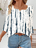 Women Striped Three Quarter Sleeve Blouse Spring/Fall Printing Notched Daily Casual Top