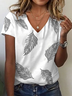 Women Feather Short Sleeve Tee T-shirt V Neck Printing Casual Summer Graphic Tee Top