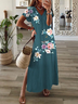 Women Floral Short Sleeve Summer Printing Dress V Neck Daily Casual Maxi T-Shirt Dress X-Line Dress