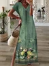 Women Floral Short Sleeve Summer Printing Dress V Neck Daily Casual Maxi T-Shirt Dress X-Line Dress