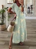 Women Floral Short Sleeve Summer Printing Dress V Neck Daily Casual Maxi T-Shirt Dress X-Line Dress