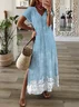 Women Floral Short Sleeve Summer Printing Dress V Neck Daily Casual Maxi T-Shirt Dress X-Line Dress