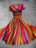 Women Striped Short Sleeve Summer Dress V Neck Daily Vintage Maxi A-Line Dress
