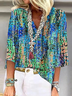 Women Geometric Half Sleeve Blouse Summer Shawl Collar Daily Casual Top