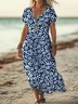 Women Floral Short Sleeve Summer Printing Dress V Neck Daily Casual Maxi X-Line Dress
