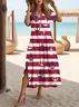 Women Striped Short Sleeve Summer Printing Dress V Neck Daily Casual Maxi X-Line Dress