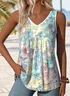 Women Floral Sleeveless Tee T-shirt V Neck Casual Summer Top