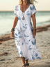 Women Floral Short Sleeve Summer Printing Dress V Neck Daily Casual Maxi X-Line Dress